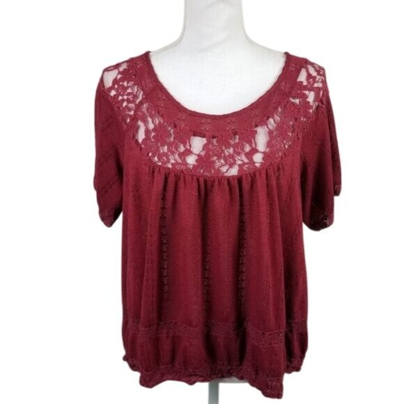 Free People Burgundy Lace Yoke Short Sleeve Crochet Knit Top Womens Size S - Picture 1 of 7